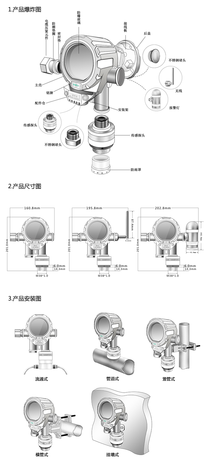 機氣貓固定在線式1-1-二溴乙烷氣體檢測儀分體型網絡版尺寸與安裝圖